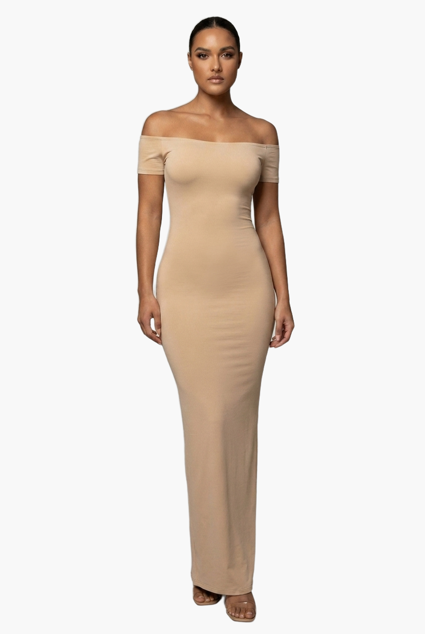 Off-Shoulder Sculpt Midi Dress — F8F8F8 5