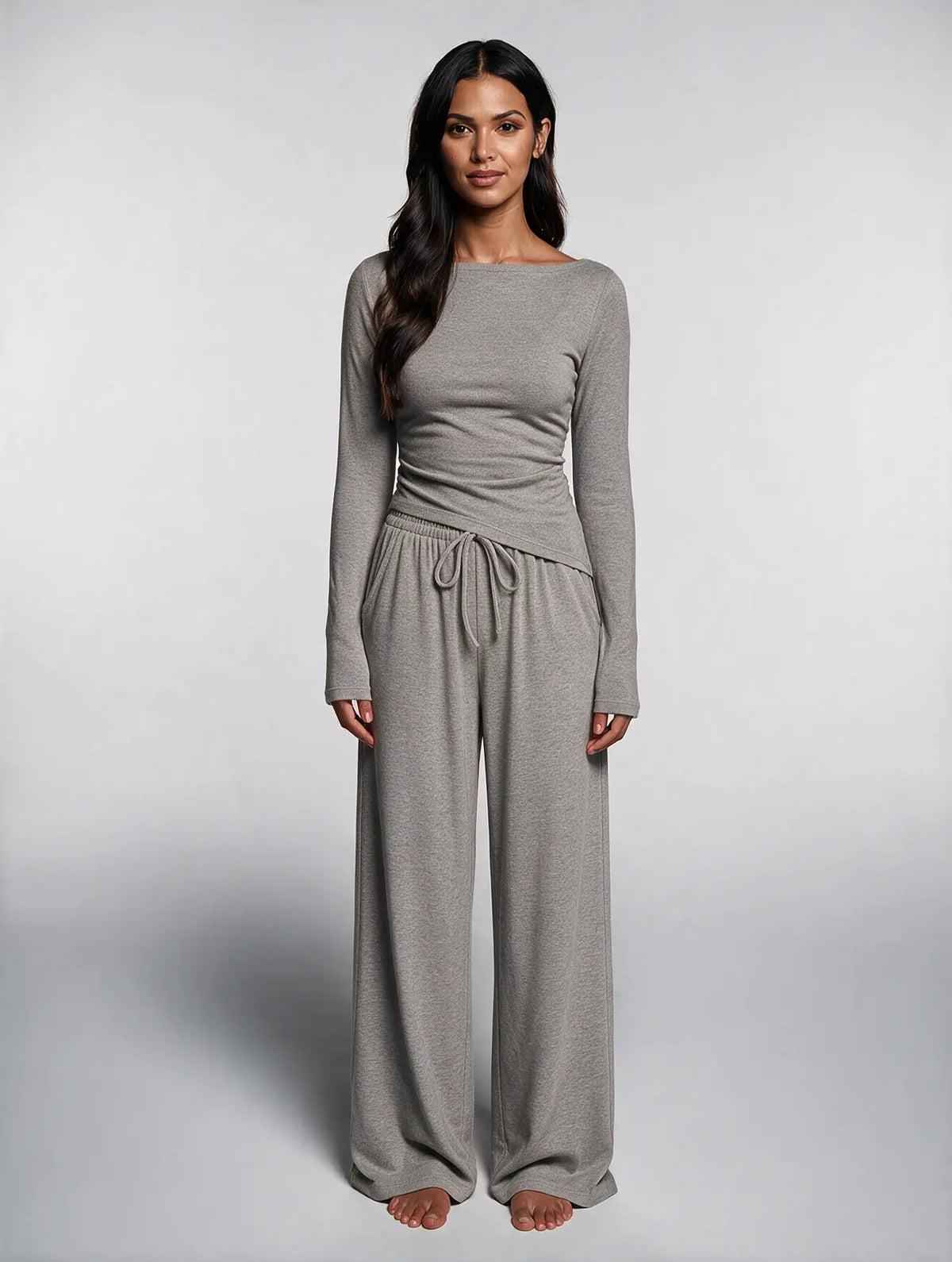 Women Asymmetric Long Sleeve T-Shirt and Wide Leg Pants Set