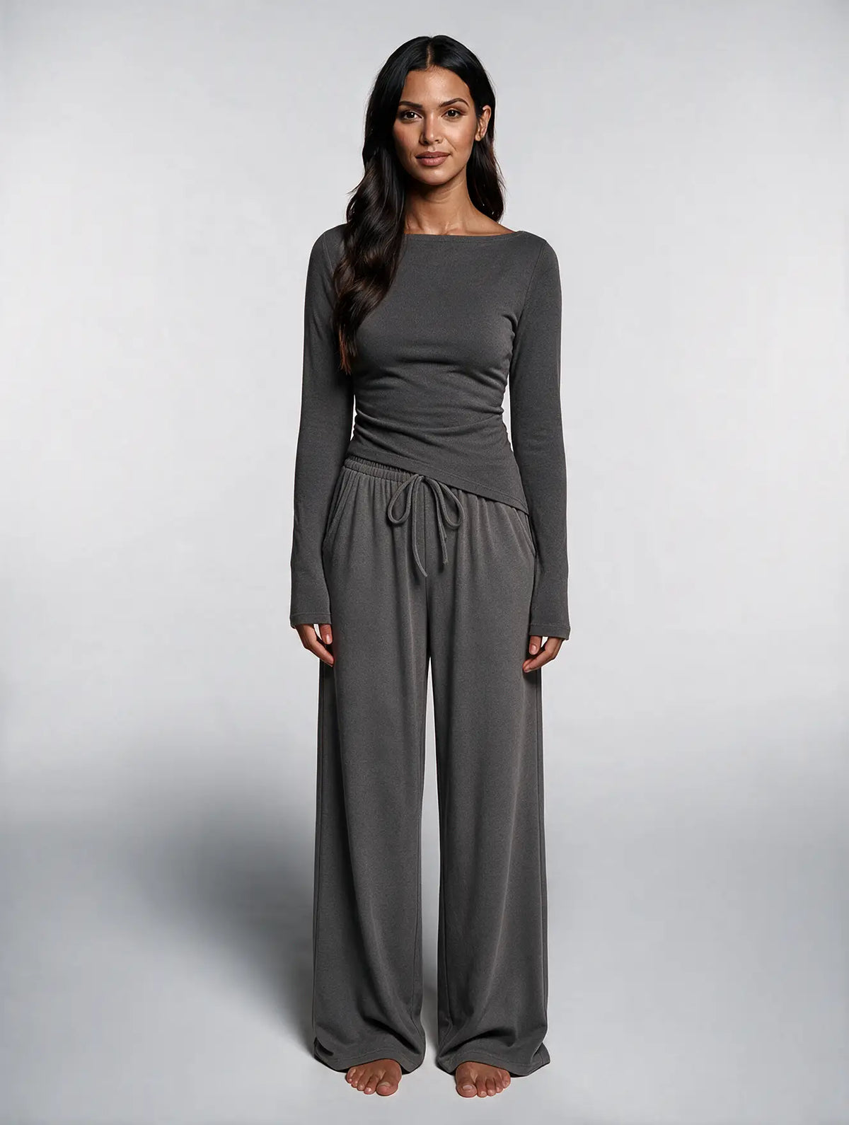 Women Asymmetric Long Sleeve T-Shirt and Wide Leg Pants Set