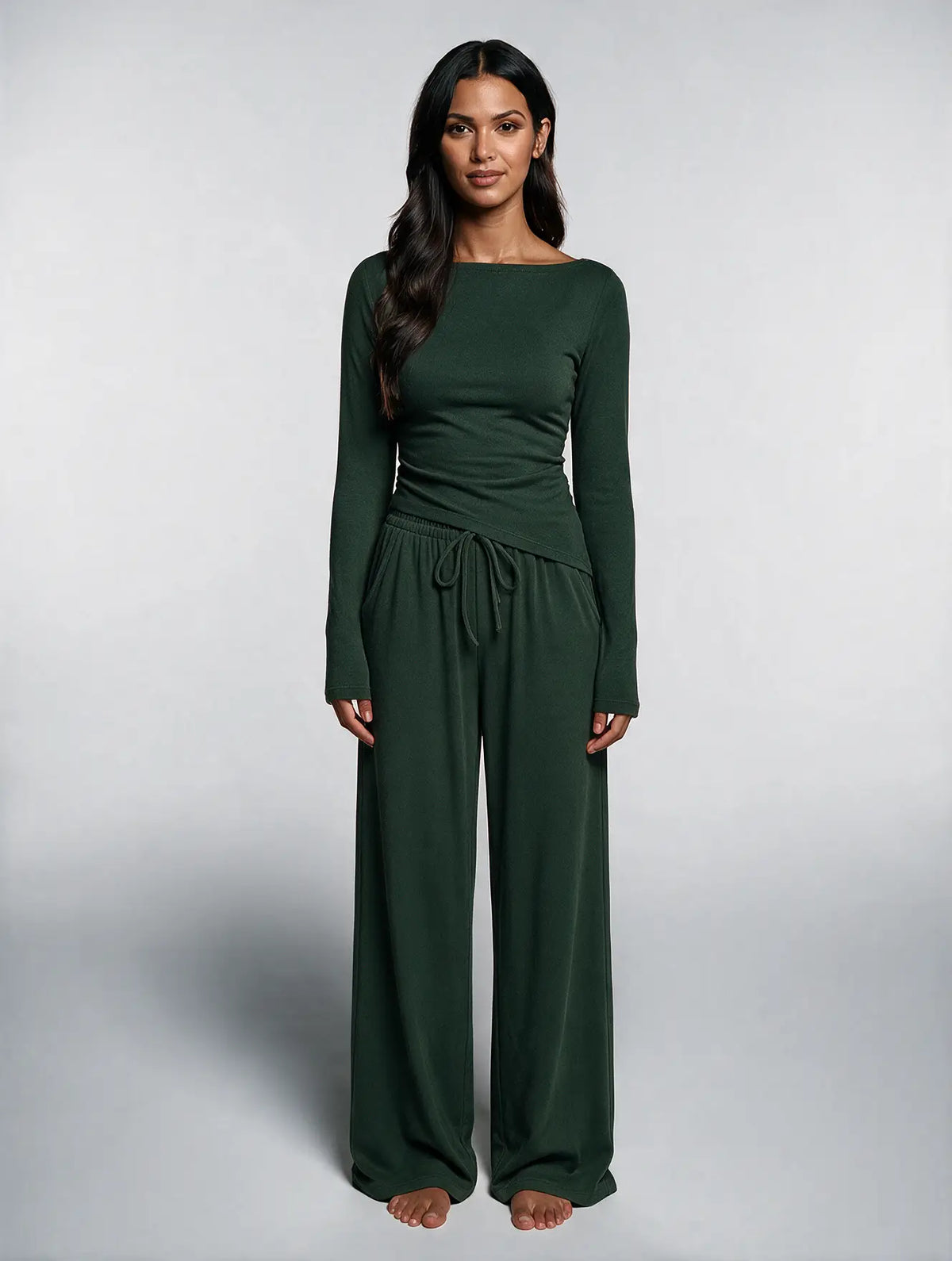Women Asymmetric Long Sleeve T-Shirt and Wide Leg Pants Set