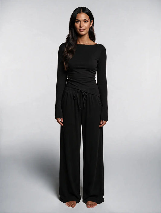Women Asymmetric Long Sleeve T-Shirt and Wide Leg Pants Set