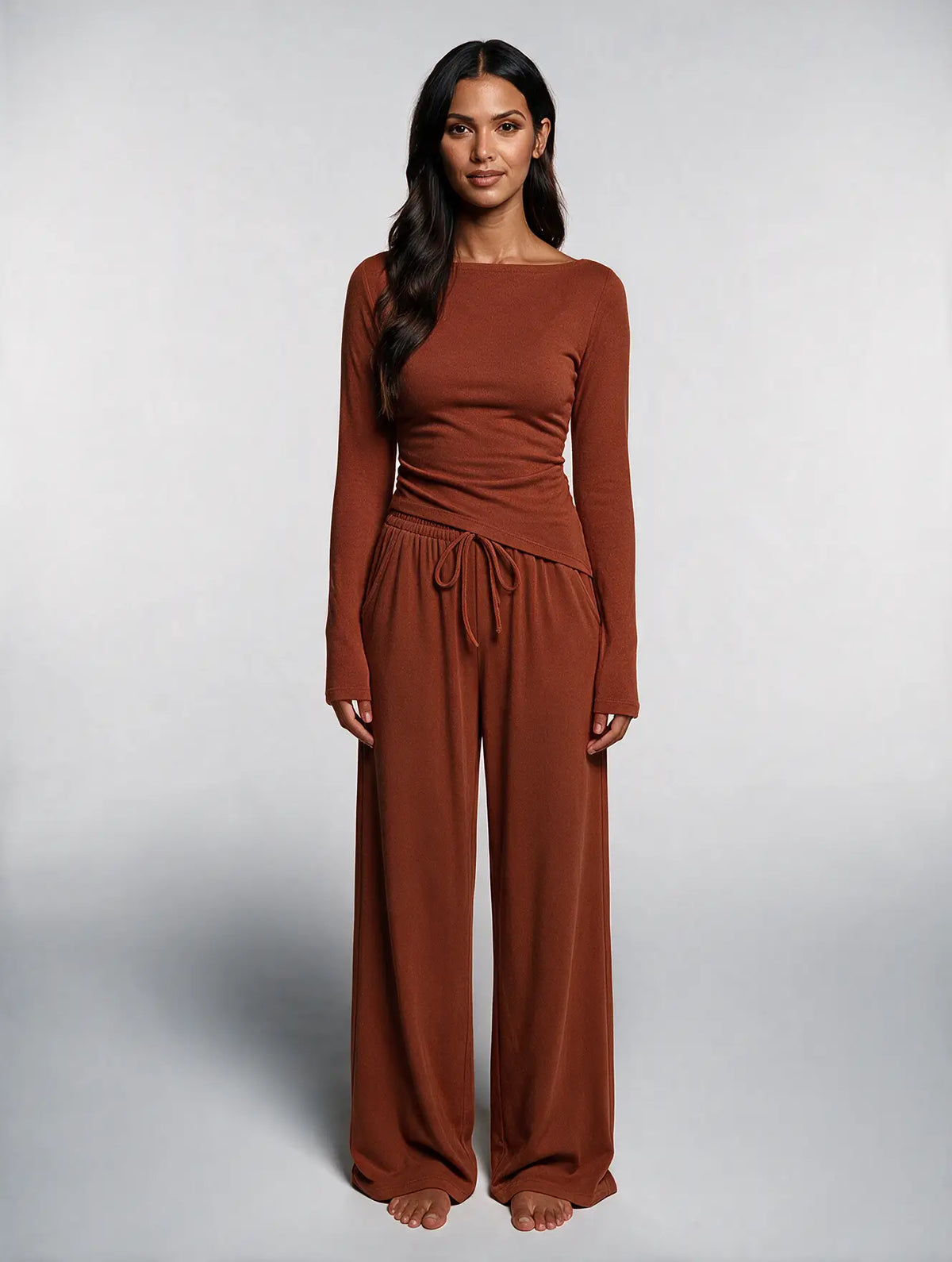 Women Asymmetric Long Sleeve T-Shirt and Wide Leg Pants Set