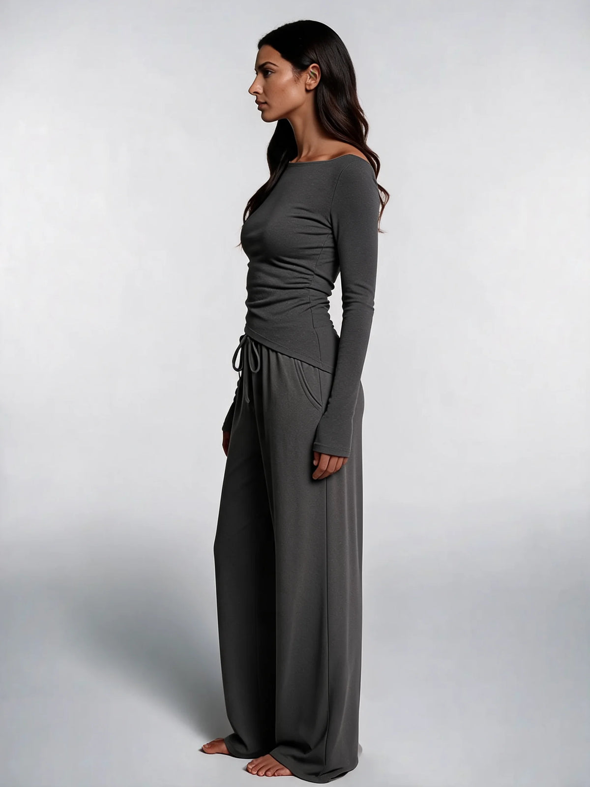 Women Asymmetric Long Sleeve T-Shirt and Wide Leg Pants Set